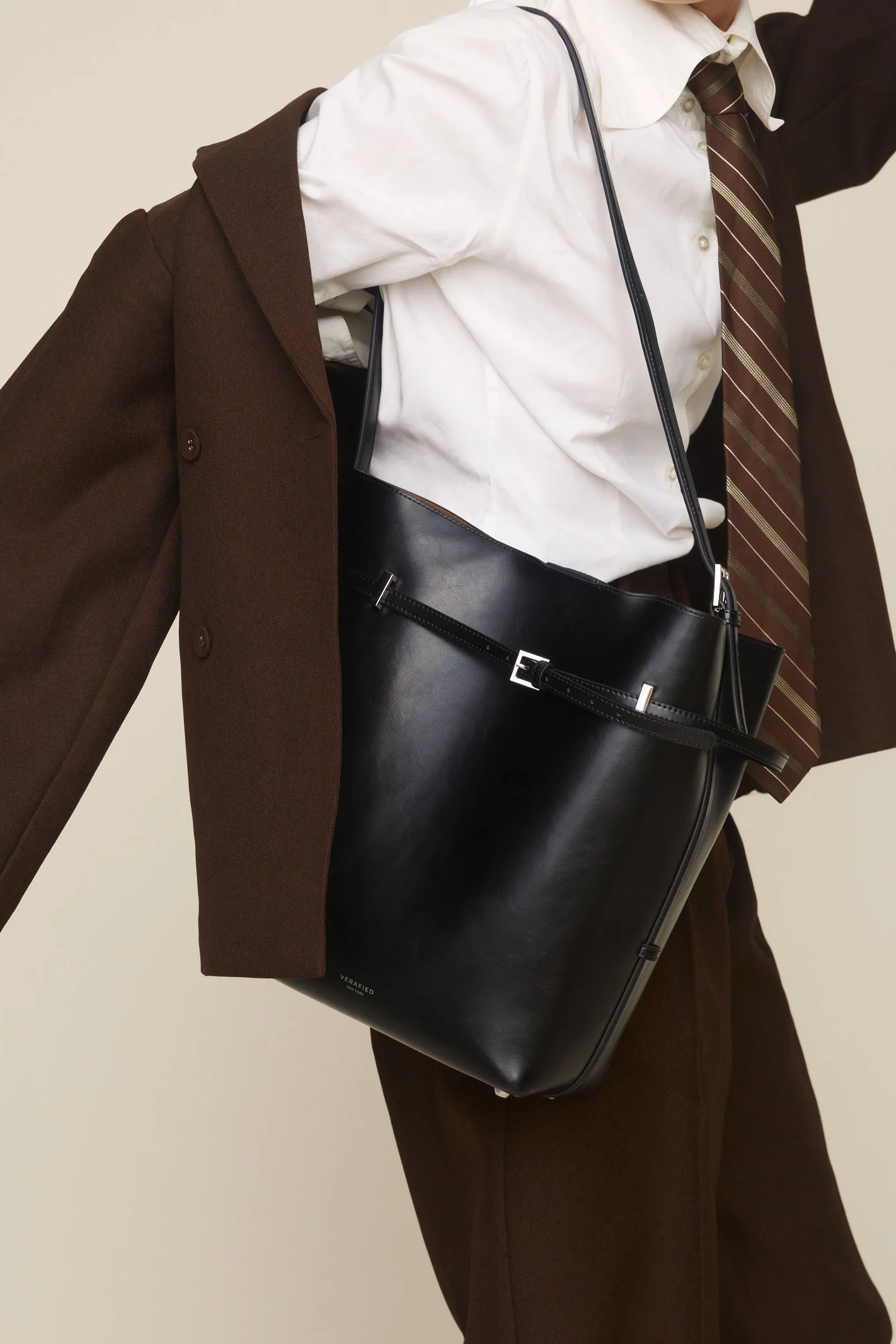 Black Belted Leather Tote Bag - Image 16
