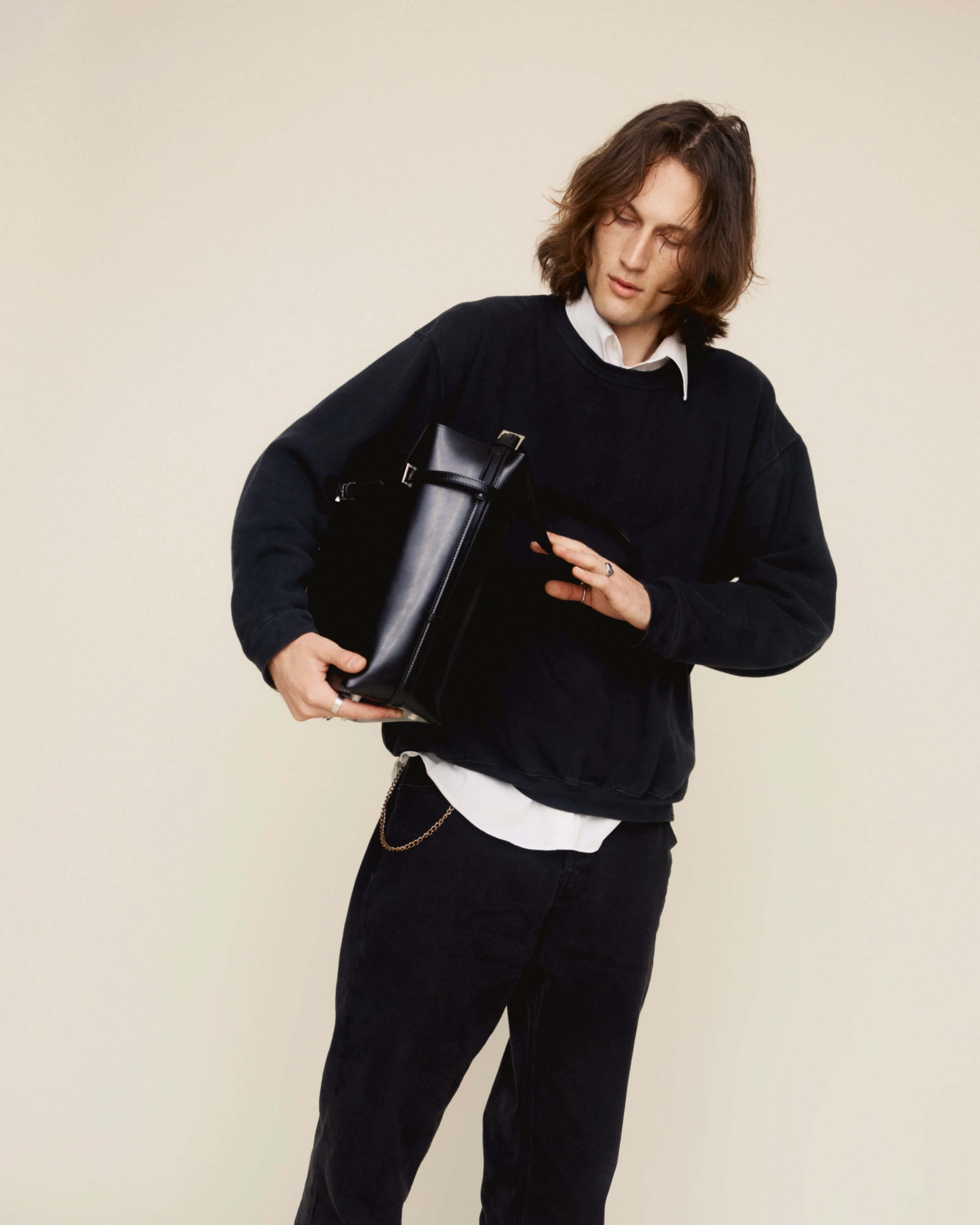 Black Belted Leather Tote Bag - Image 18