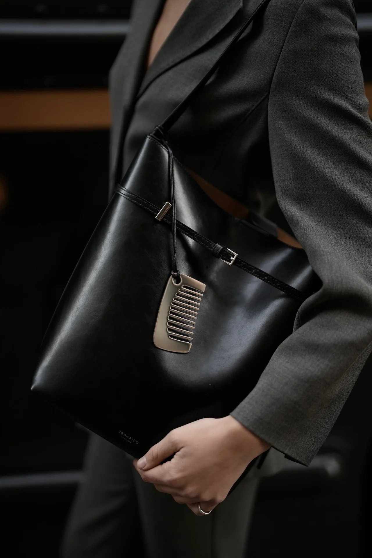 Black Belted Leather Tote Bag - Image 28