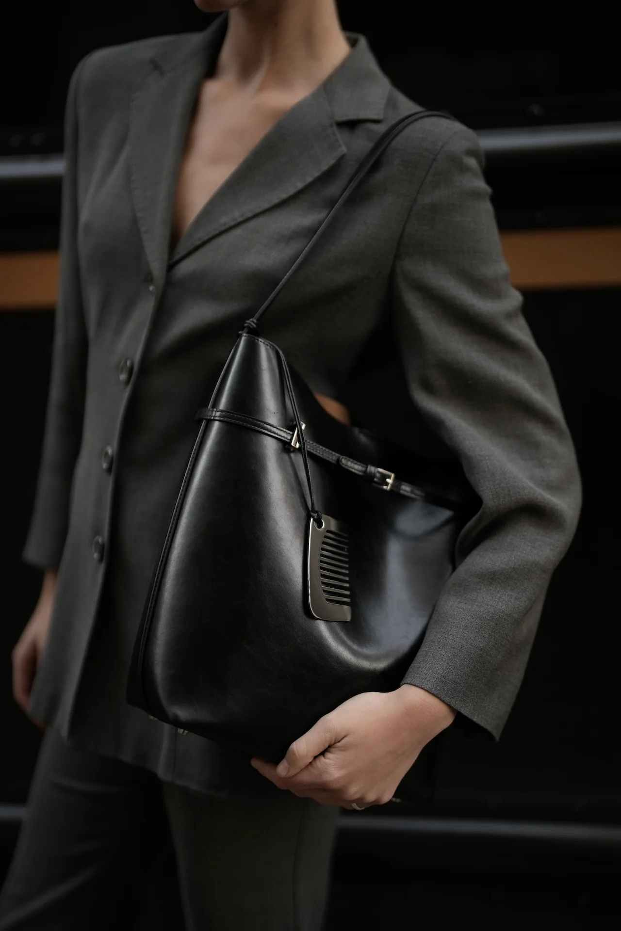 Black Belted Leather Tote Bag - Image 29