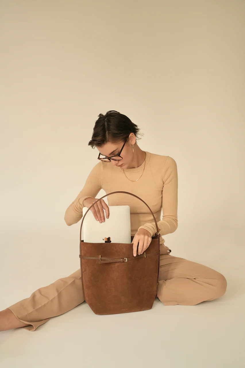 Toffee Suede Belted Tote Bag - Image 13