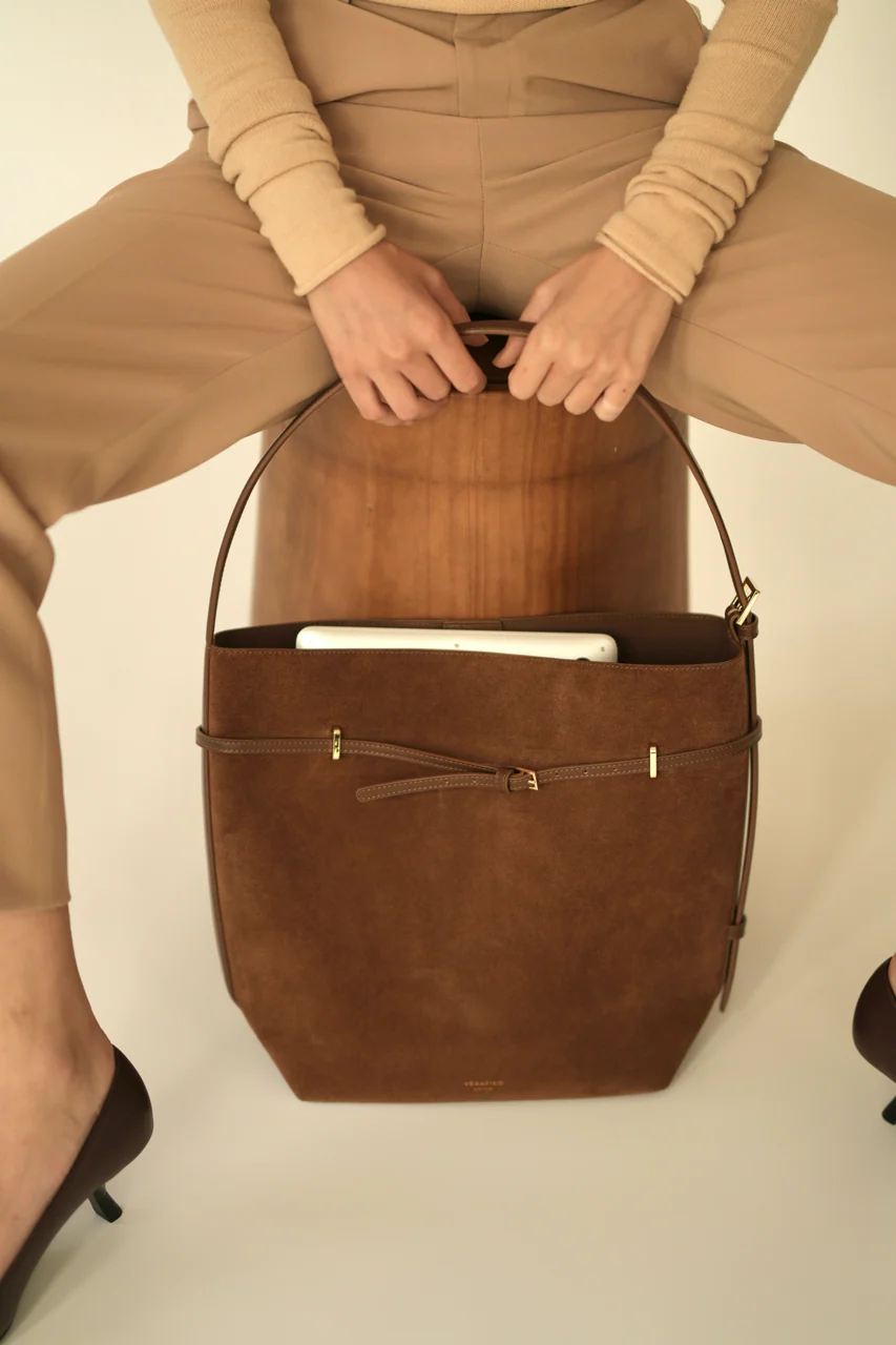 Toffee Suede Belted Tote Bag - Image 14