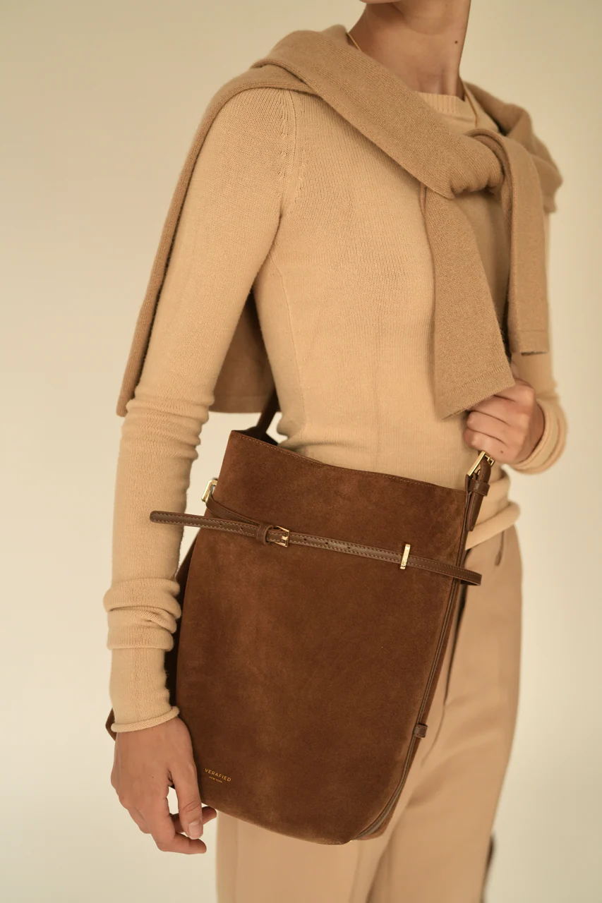 Toffee Suede Belted Tote Bag - Image 16