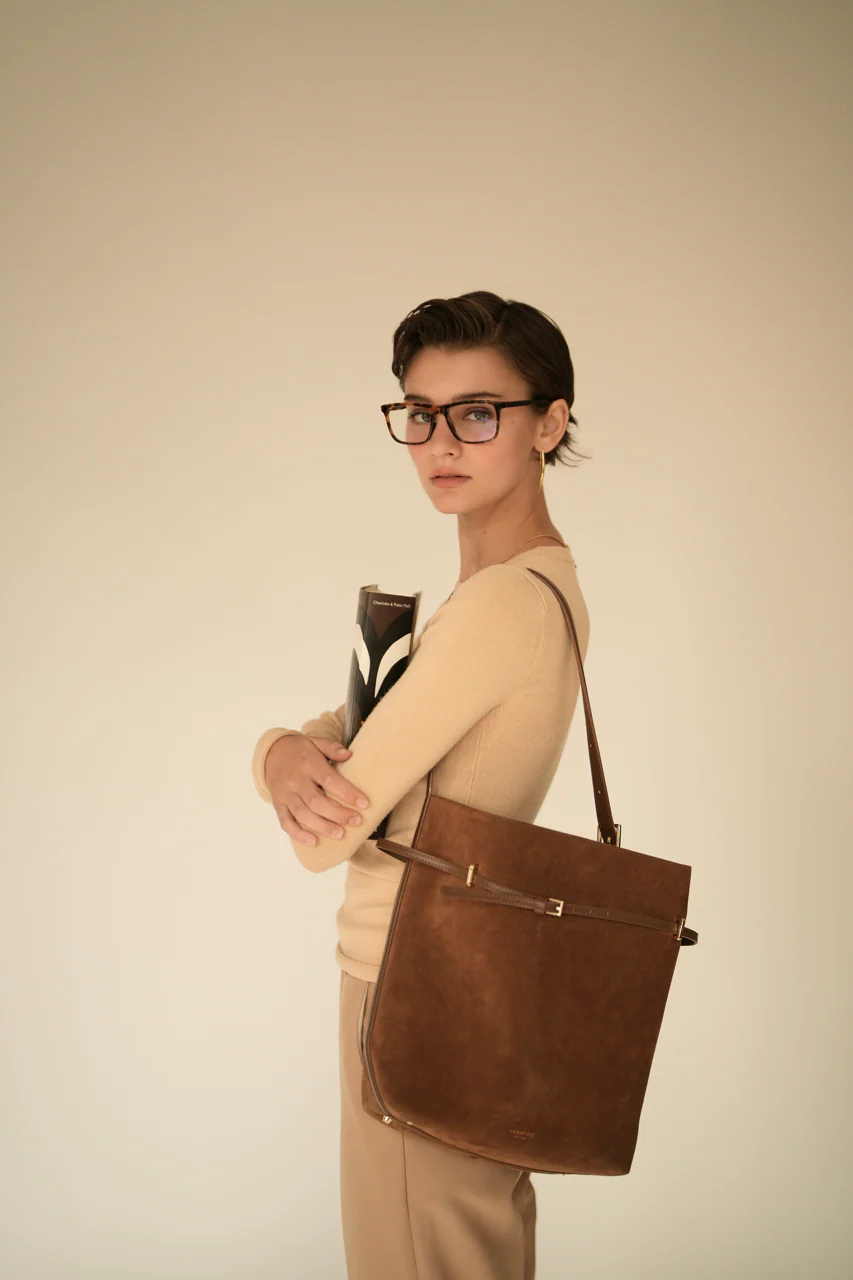 Toffee Suede Belted Tote Bag - Image 17