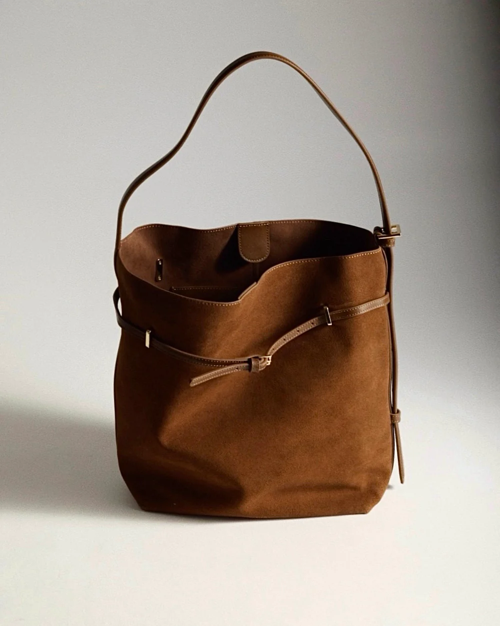Toffee Suede Belted Tote Bag - Image 18