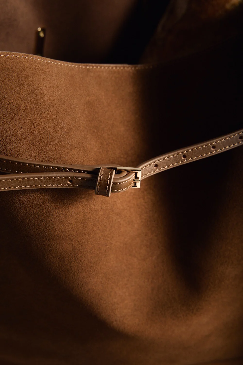 Toffee Suede Belted Tote Bag - Image 19