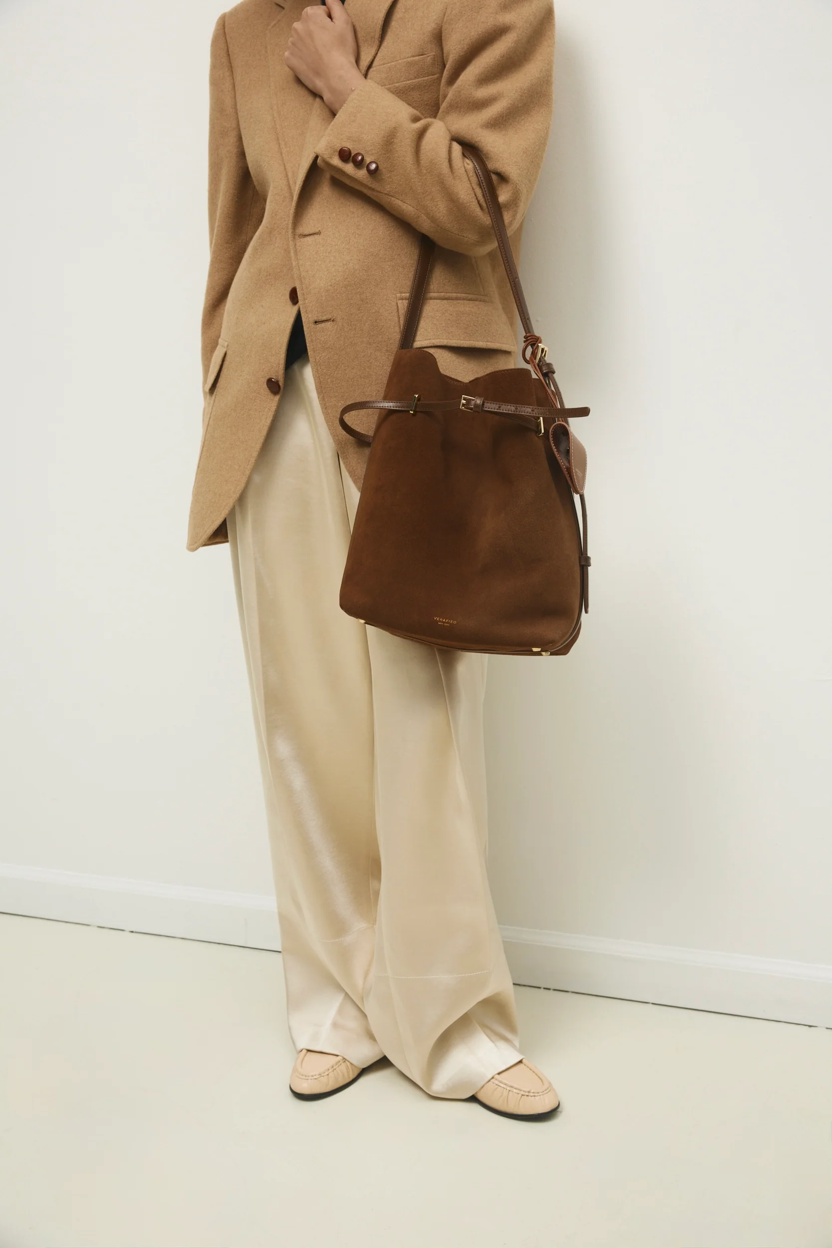 Toffee Suede Belted Tote Bag - Image 23