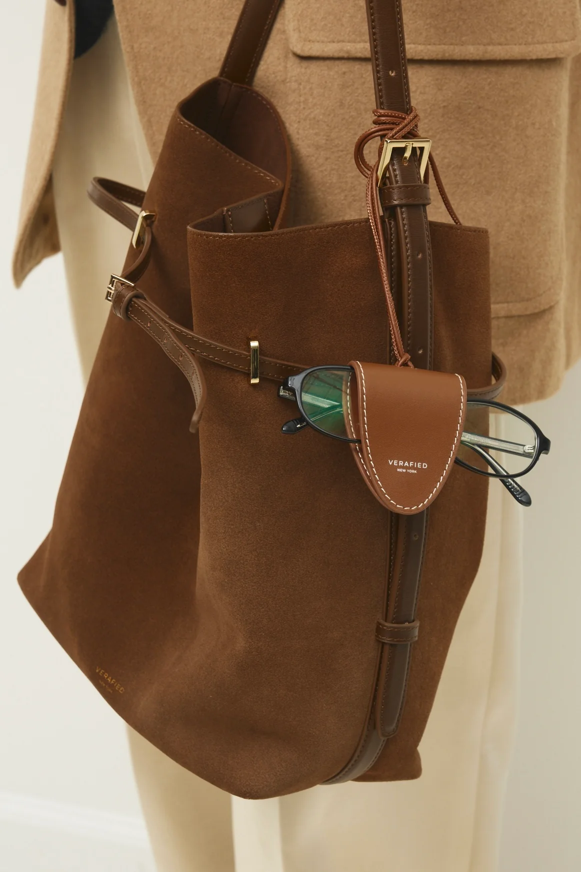 Toffee Suede Belted Tote Bag - Image 24