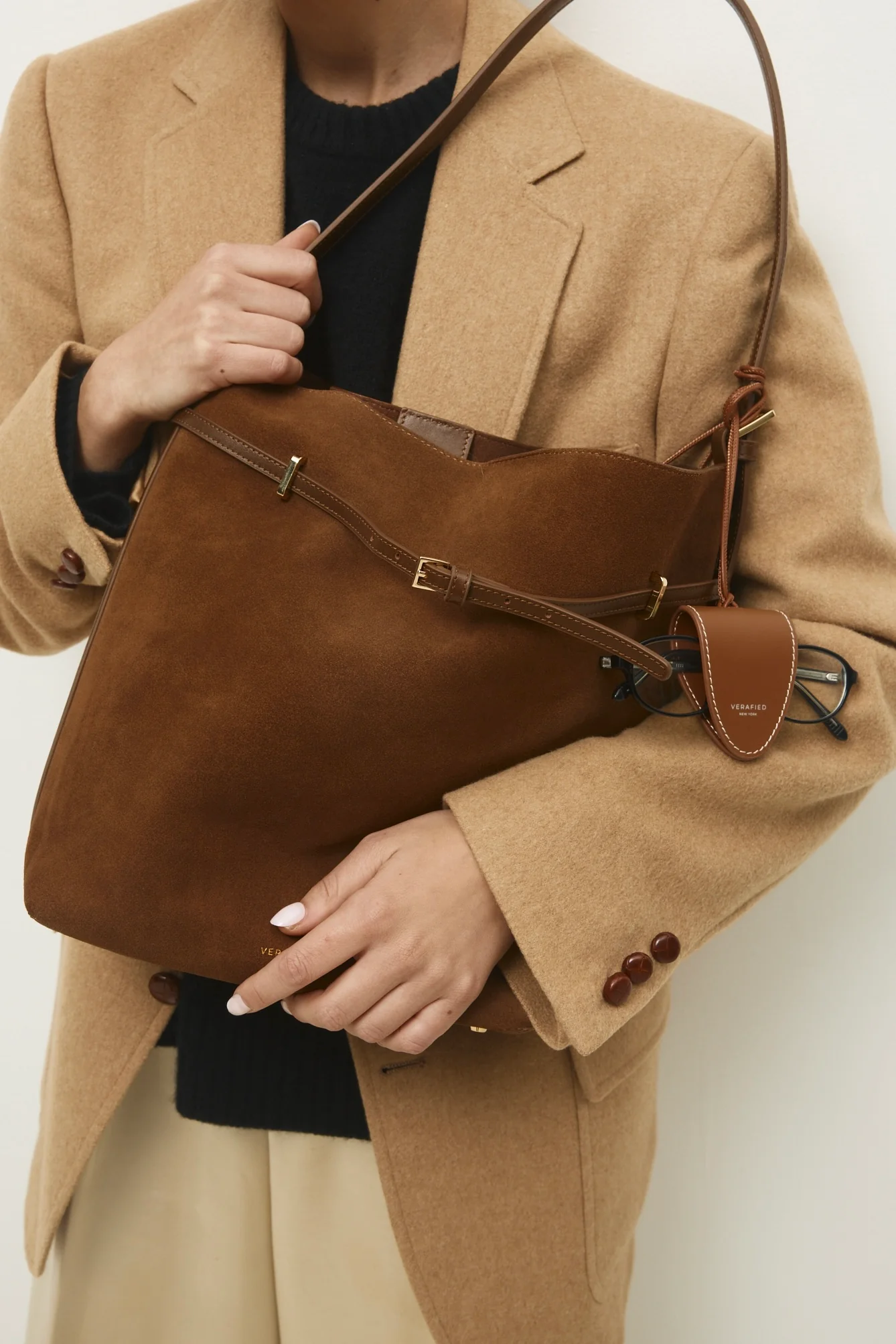 Toffee Suede Belted Tote Bag - Image 26
