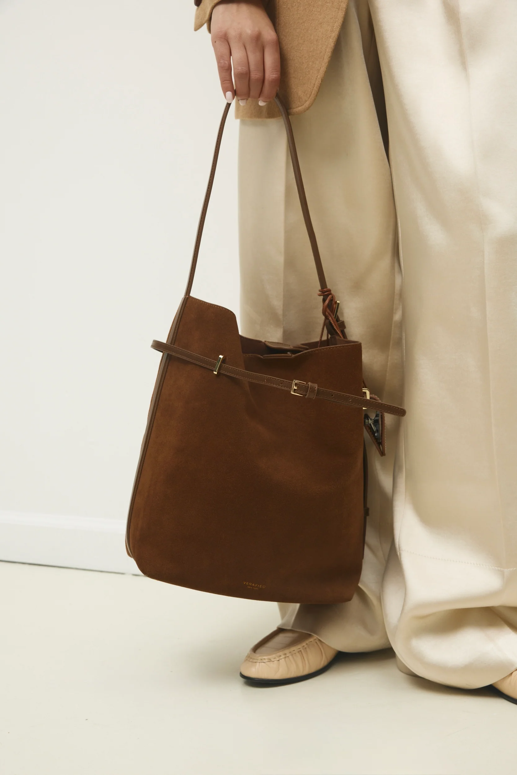 Toffee Suede Belted Tote Bag - Image 28
